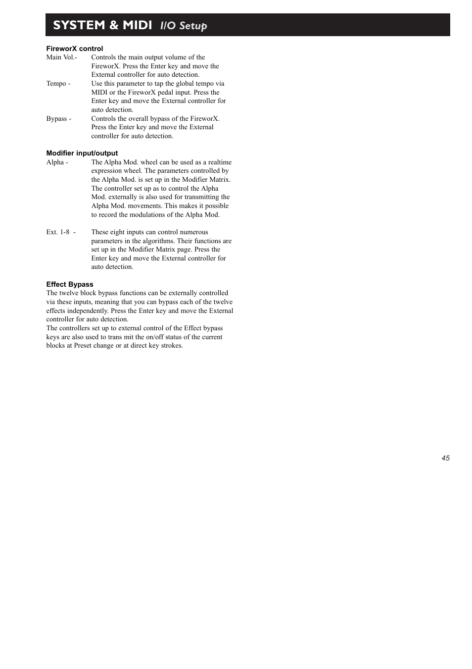 System & midi, I/o setup | TC Electronic FireworX User Manual | Page 47 / 82
