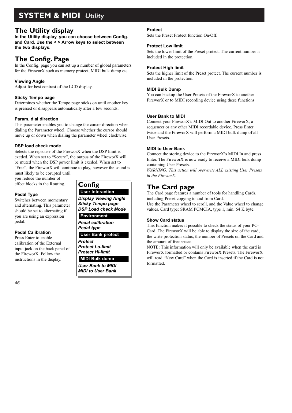 System & midi, Utility the utility display, The config. page | The card page, Config | TC Electronic FireworX User Manual | Page 48 / 82