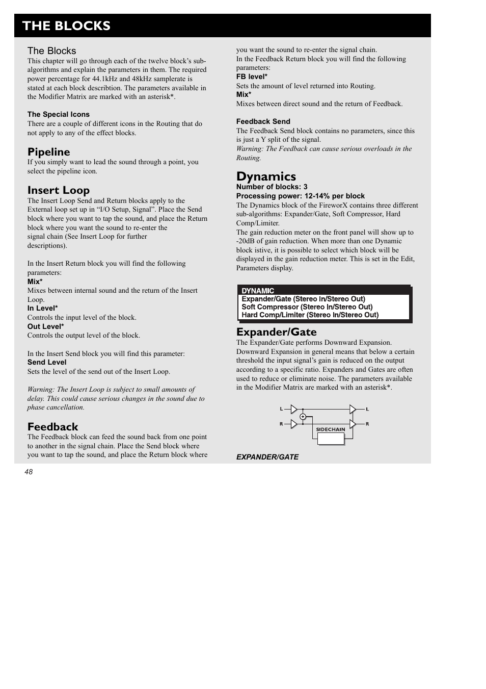 The blocks, Dynamics, Pipeline | Insert loop, Feedback, Expander/gate | TC Electronic FireworX User Manual | Page 50 / 82