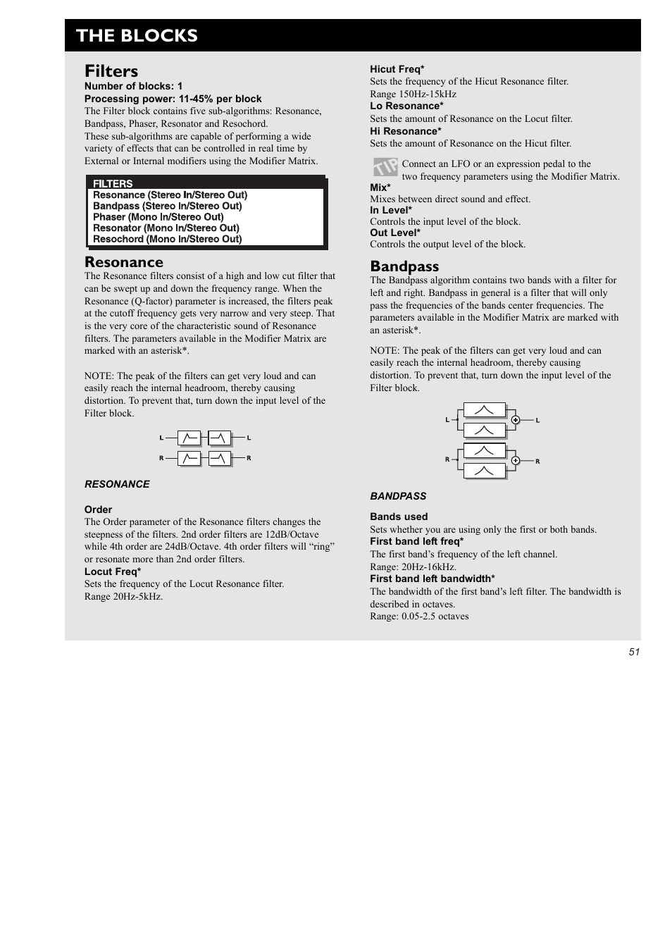 Filters, The blocks, Resonance | Bandpass | TC Electronic FireworX User Manual | Page 53 / 82