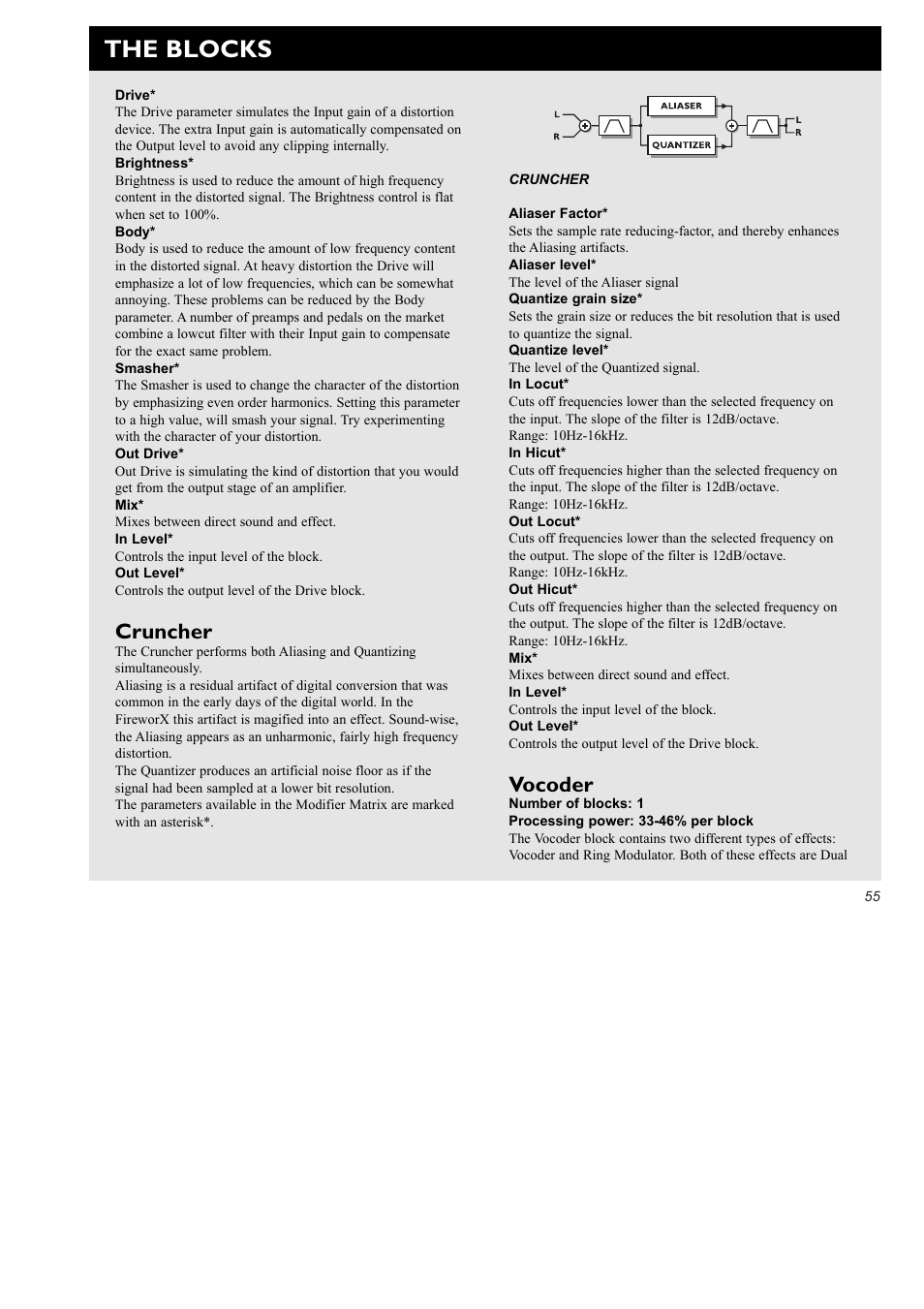 The blocks, Cruncher, Vocoder | TC Electronic FireworX User Manual | Page 57 / 82