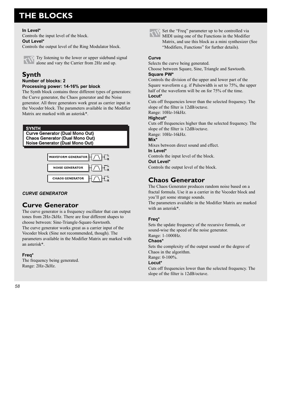 The blocks, Synth, Curve generator | Chaos generator | TC Electronic FireworX User Manual | Page 60 / 82