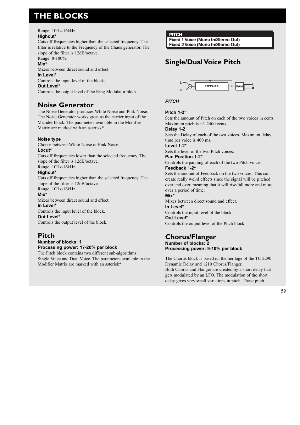 The blocks, Noise generator, Pitch | Single/dual voice pitch, Chorus/flanger | TC Electronic FireworX User Manual | Page 61 / 82