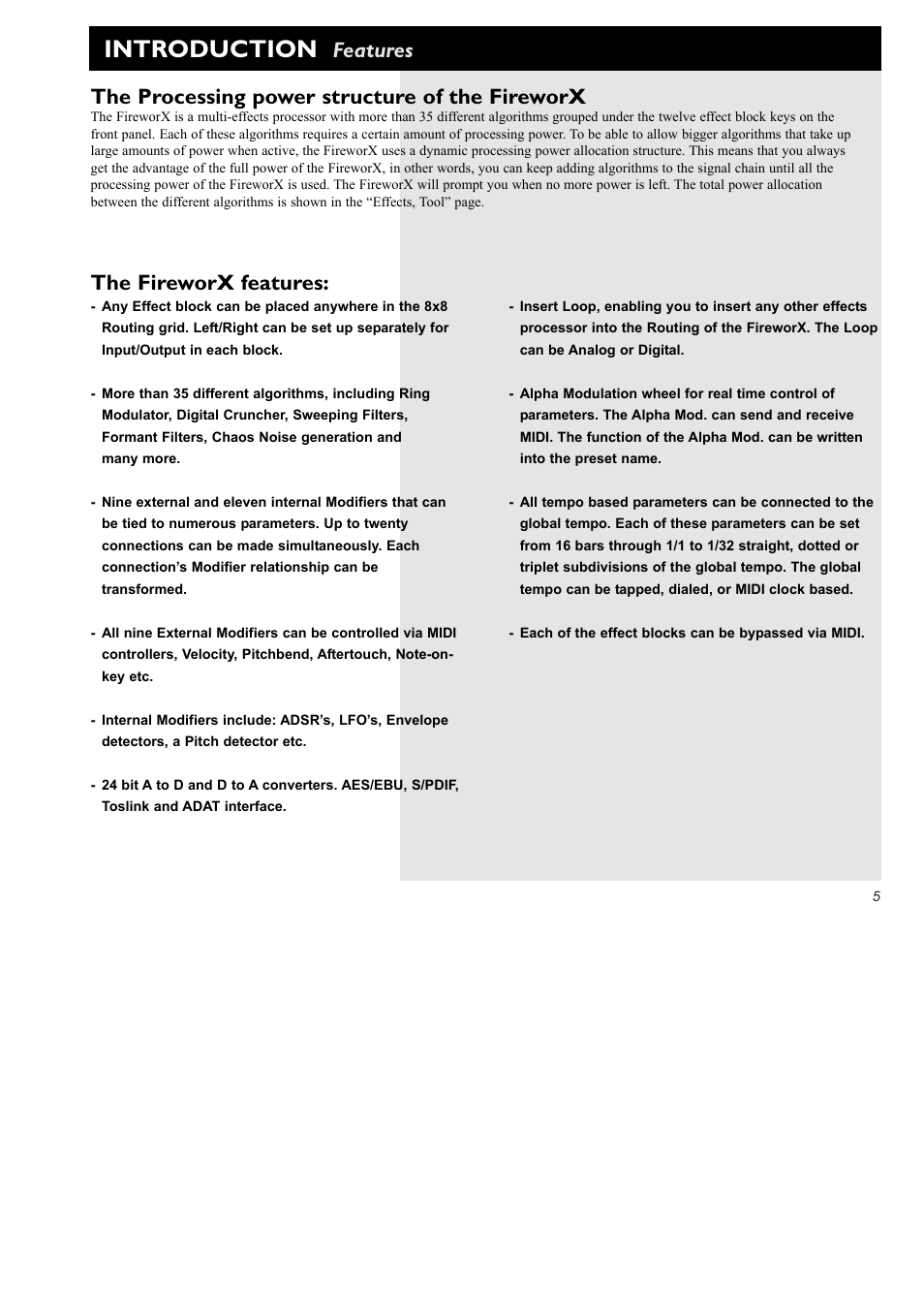 Introduction, The fireworx features | TC Electronic FireworX User Manual | Page 7 / 82