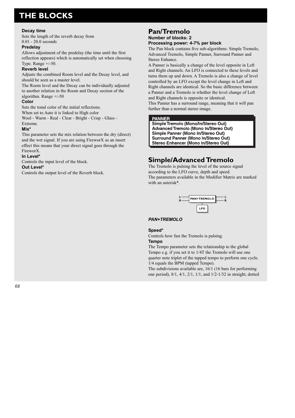 The blocks, Pan/tremolo, Simple/advanced tremolo | TC Electronic FireworX User Manual | Page 70 / 82