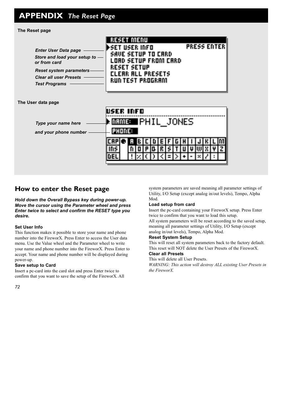 Appendix, How to enter the reset page, The reset page | TC Electronic FireworX User Manual | Page 74 / 82