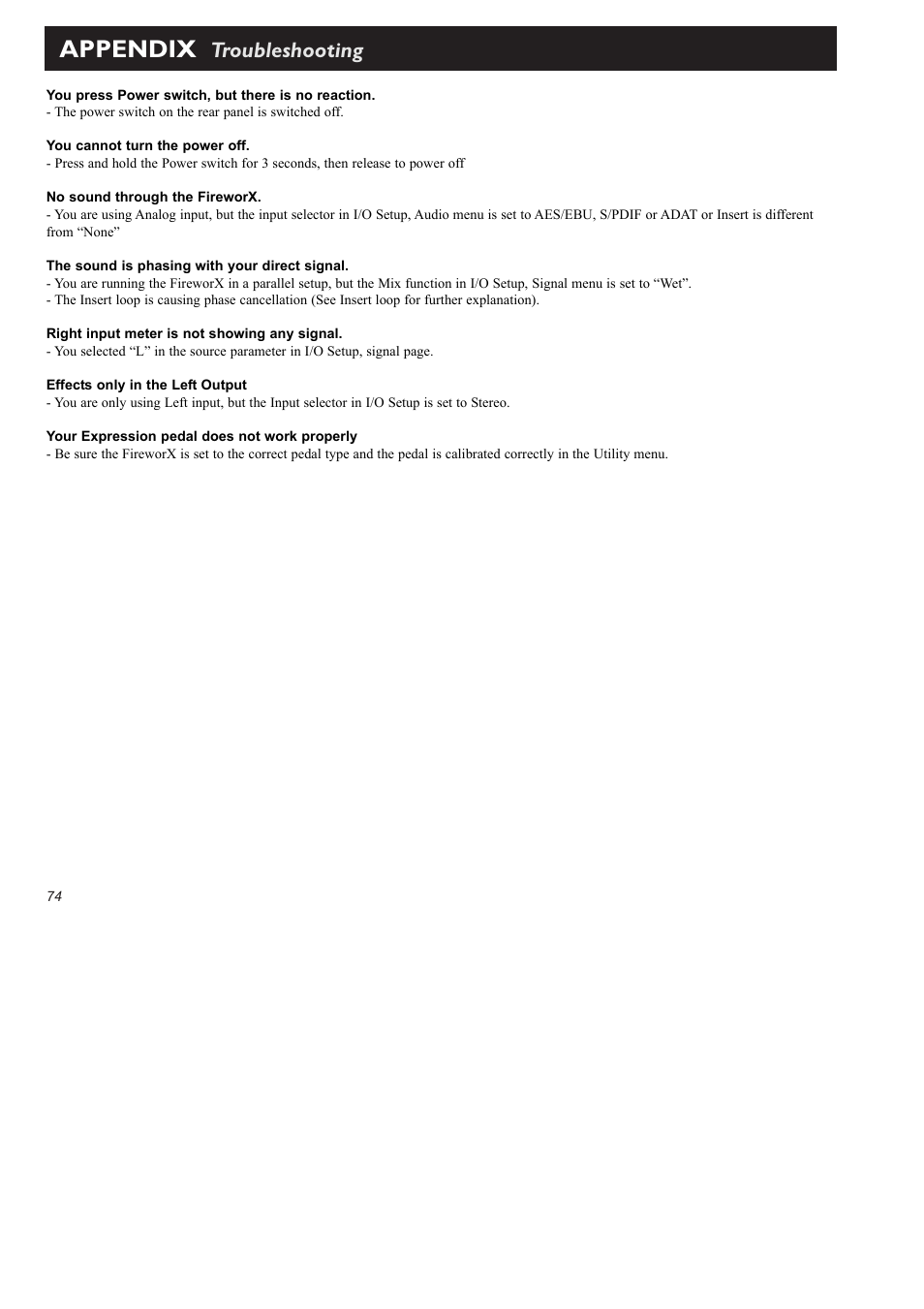 Appendix, Troubleshooting | TC Electronic FireworX User Manual | Page 76 / 82