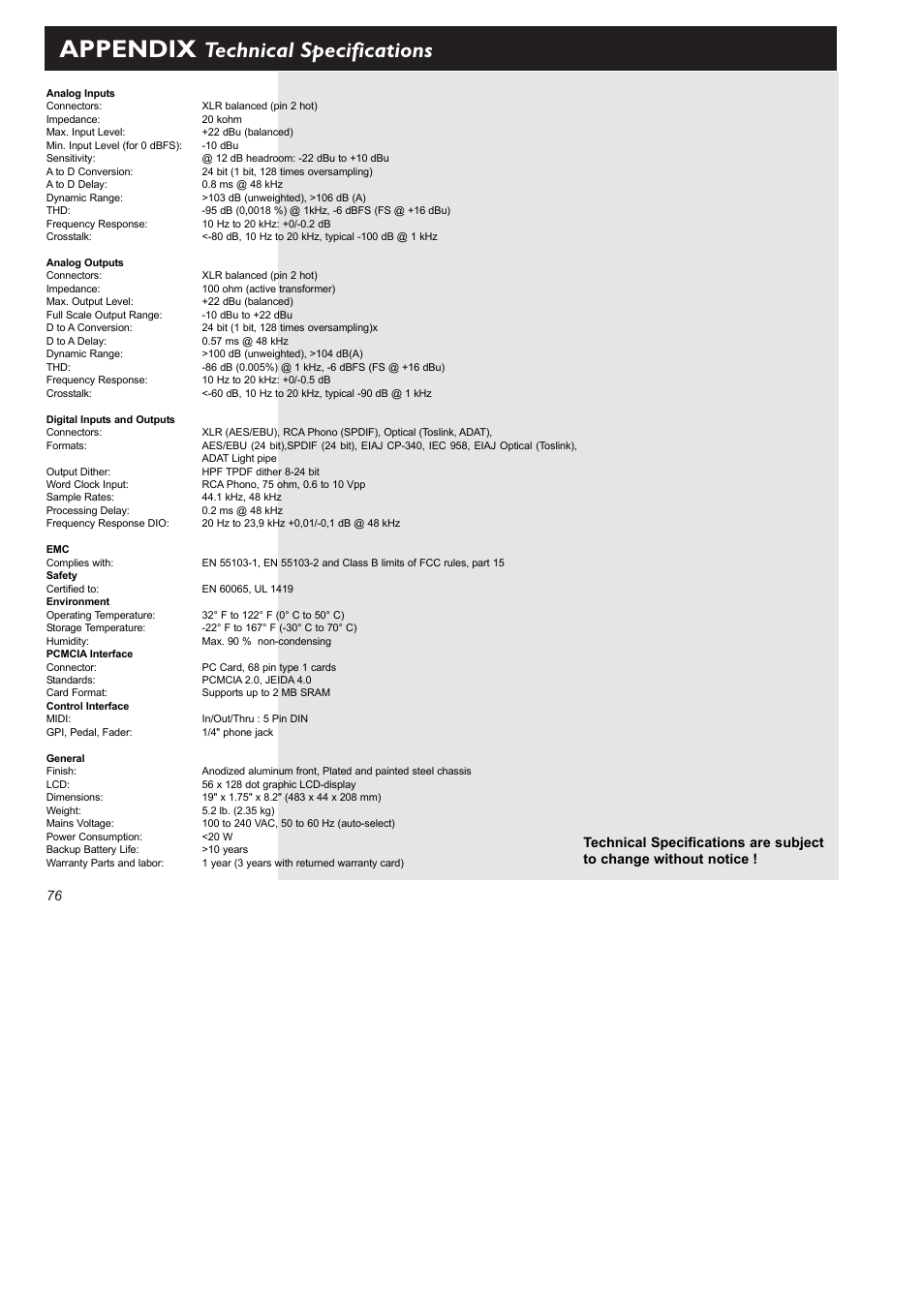 Appendix, Technical specifications | TC Electronic FireworX User Manual | Page 78 / 82