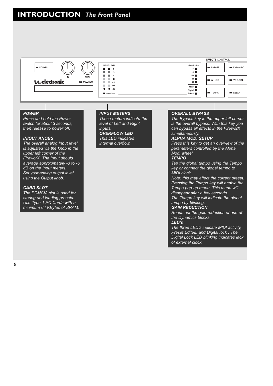 Introduction, The front panel | TC Electronic FireworX User Manual | Page 8 / 82