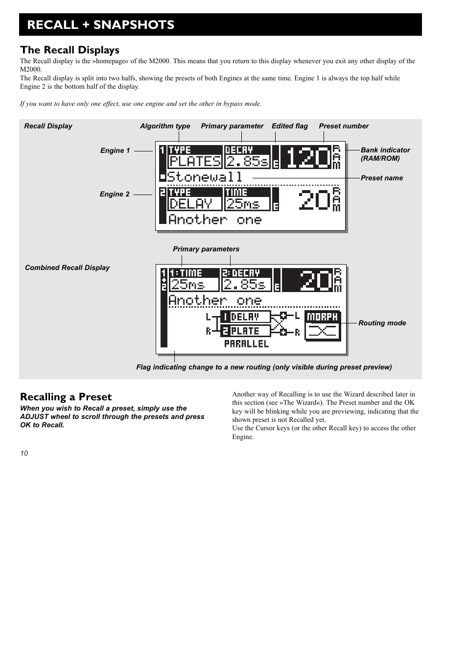 Recall + snapshots, The recall displays, Recalling a preset | TC Electronic M2000 User Manual | Page 10 / 37