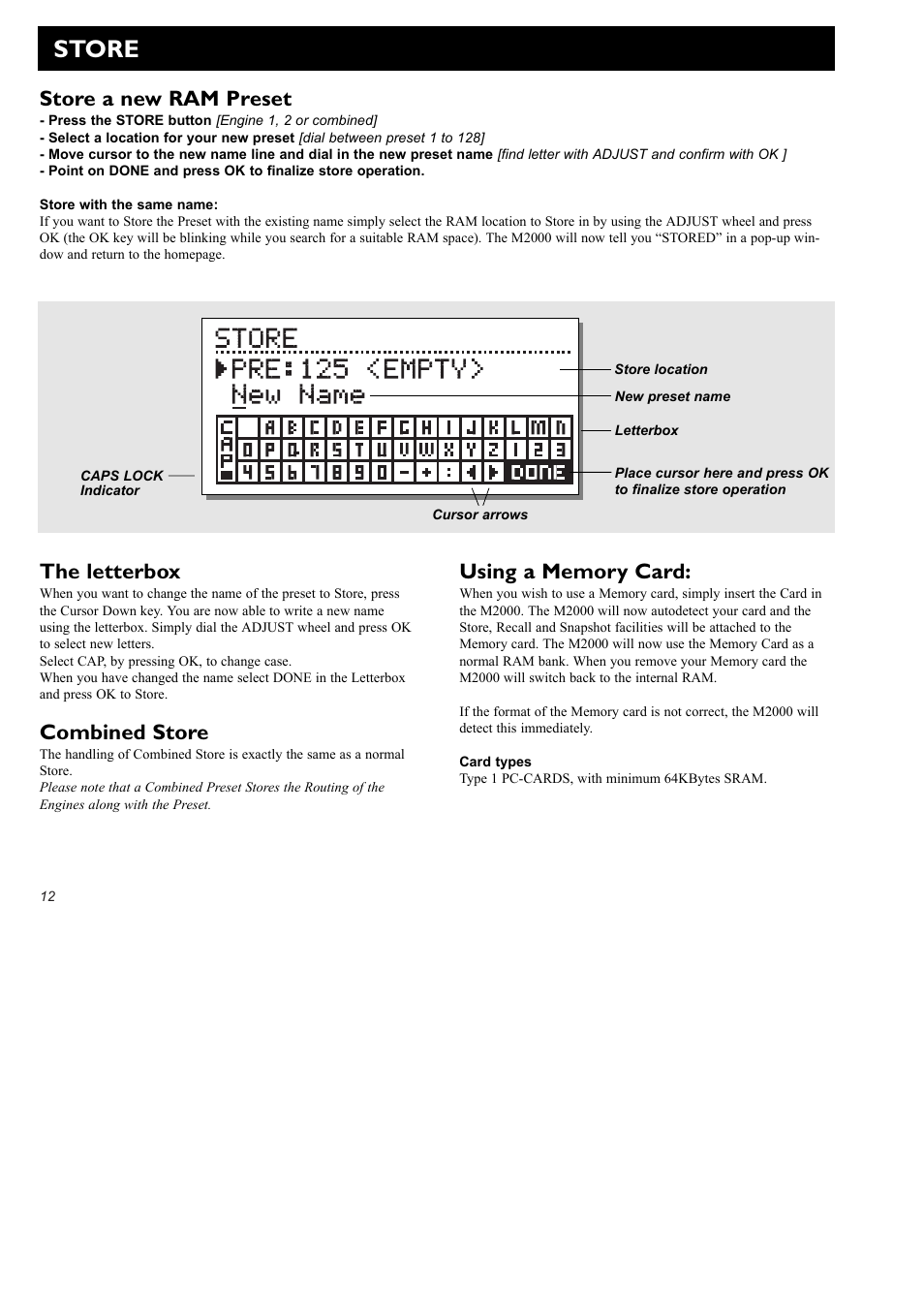 Store, Store a new ram preset, The letterbox | Combined store | TC Electronic M2000 User Manual | Page 12 / 37