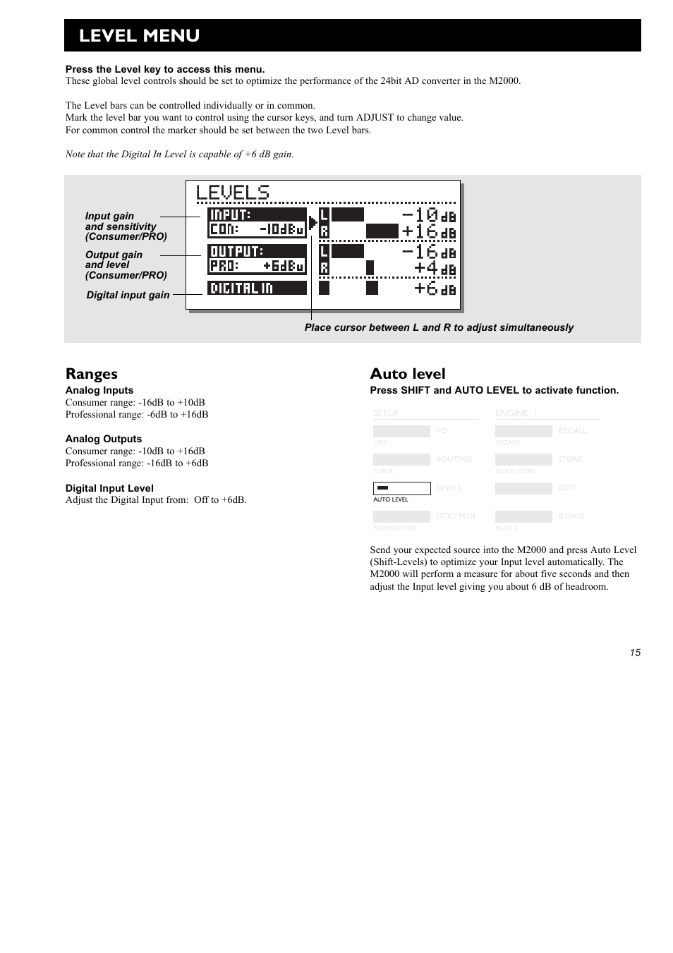 Level menu, Ranges, Auto level | TC Electronic M2000 User Manual | Page 15 / 37