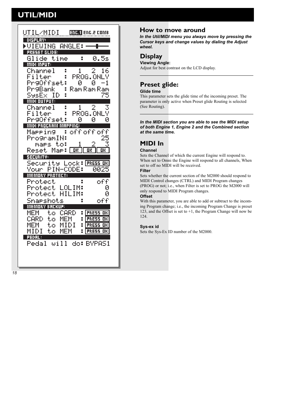 Util/midi, Display, Preset glide | Midi in, How to move around | TC Electronic M2000 User Manual | Page 18 / 37