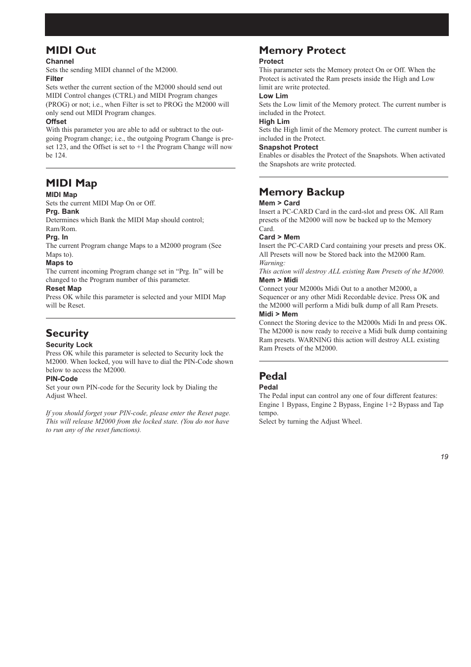 Pedal, Midi out, Midi map | Security | TC Electronic M2000 User Manual | Page 19 / 37