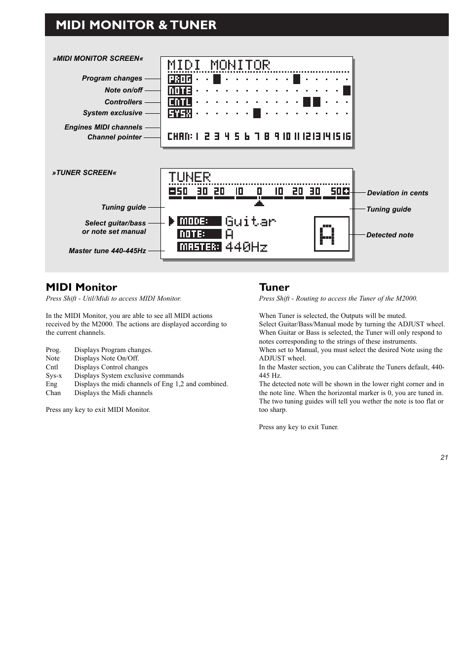 Midi monitor & tuner, Tuner, Midi monitor | TC Electronic M2000 User Manual | Page 21 / 37