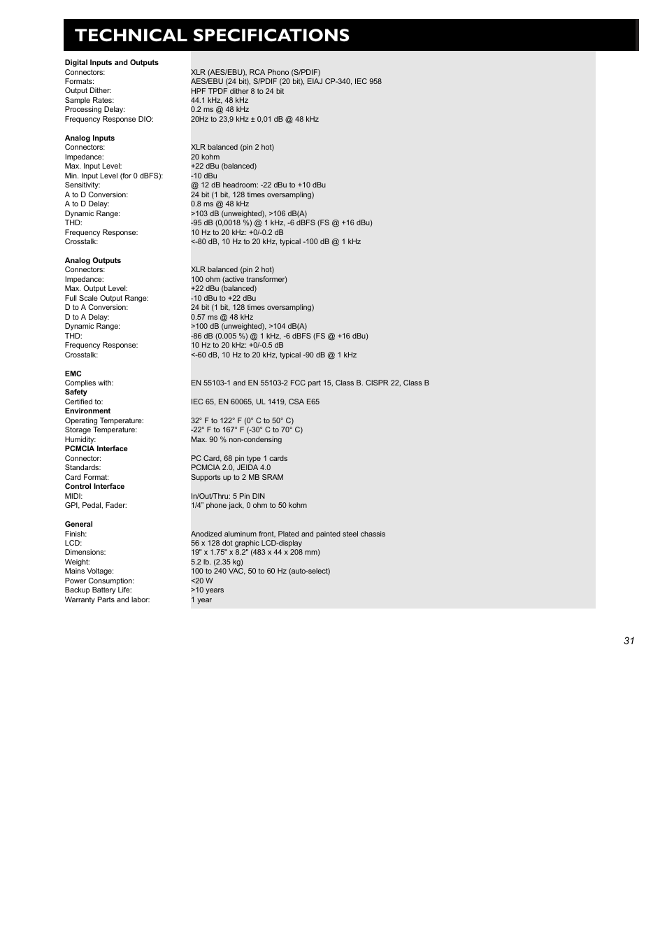Technical specifications | TC Electronic M2000 User Manual | Page 31 / 37