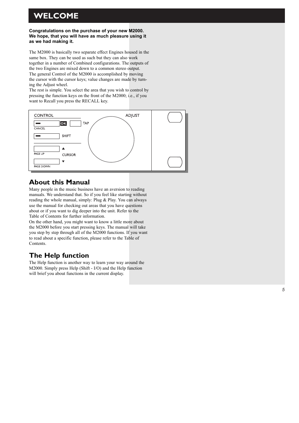 Welcome, About this manual, The help function | TC Electronic M2000 User Manual | Page 5 / 37