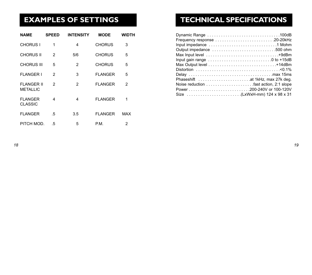 Technical specifications, Examples of settings | TC Electronic SCF Stereo Chorus Flanger User Manual | Page 10 / 14