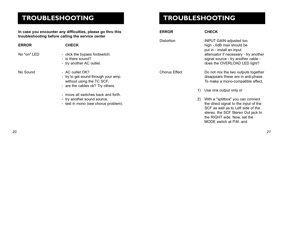 Troubleshooting | TC Electronic SCF Stereo Chorus Flanger User Manual | Page 11 / 14