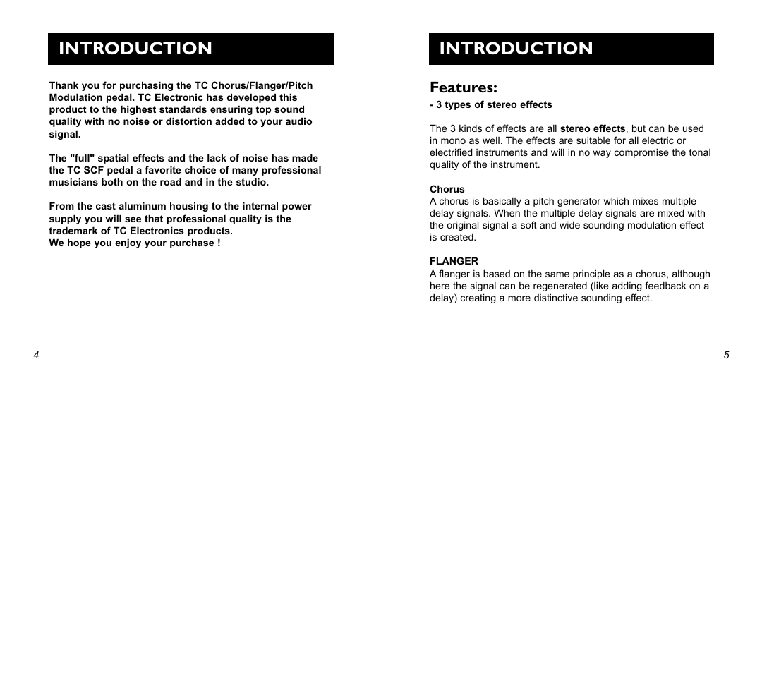Introduction, Features | TC Electronic SCF Stereo Chorus Flanger User Manual | Page 3 / 14