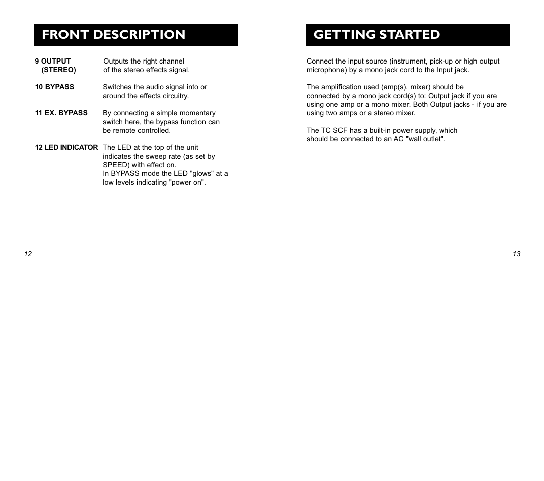 Front description, Getting started | TC Electronic SCF Stereo Chorus Flanger User Manual | Page 7 / 14