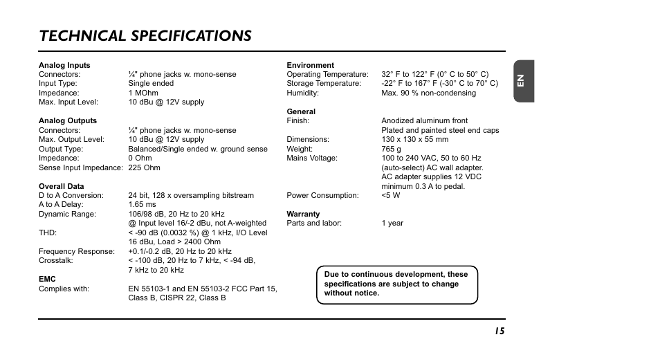 Technical specifications | TC Electronic RPT-1 Nova Repeater User Manual | Page 15 / 16