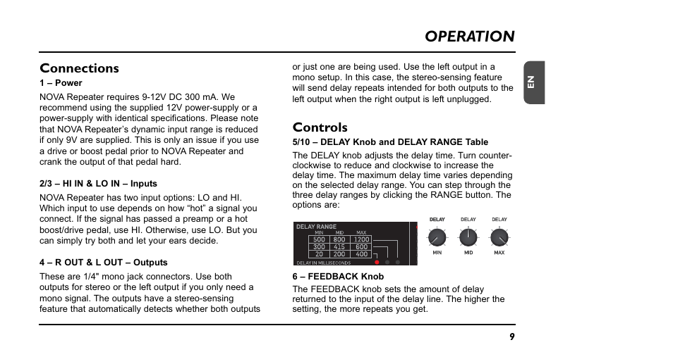 Operation, Connections, Controls | TC Electronic RPT-1 Nova Repeater User Manual | Page 9 / 16