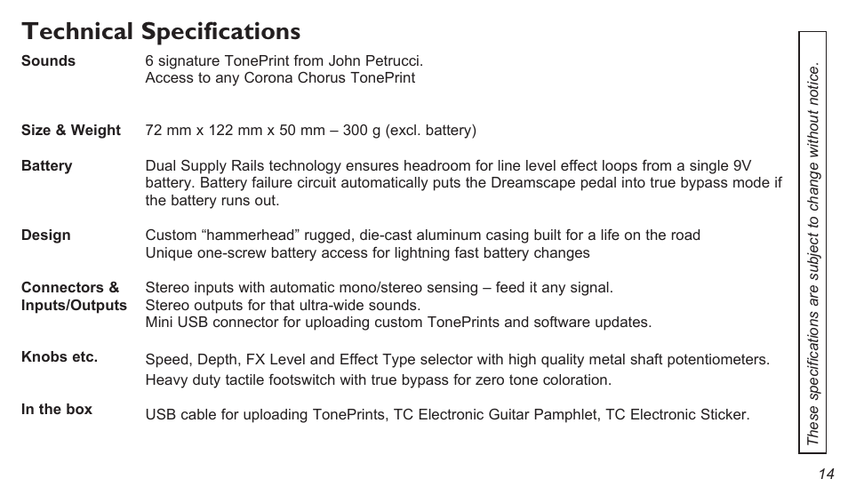 Technical specifications | TC Electronic The Dreamscape User Manual | Page 14 / 15