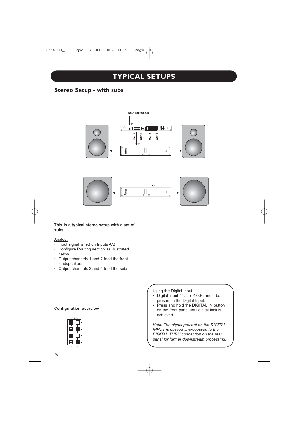 Typical setups, Stereo setup - with subs | TC Electronic XO24 User Manual | Page 12 / 23