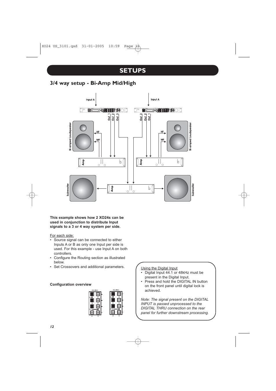 Setups, 3/4 way setup - bi-amp mid/high | TC Electronic XO24 User Manual | Page 14 / 23