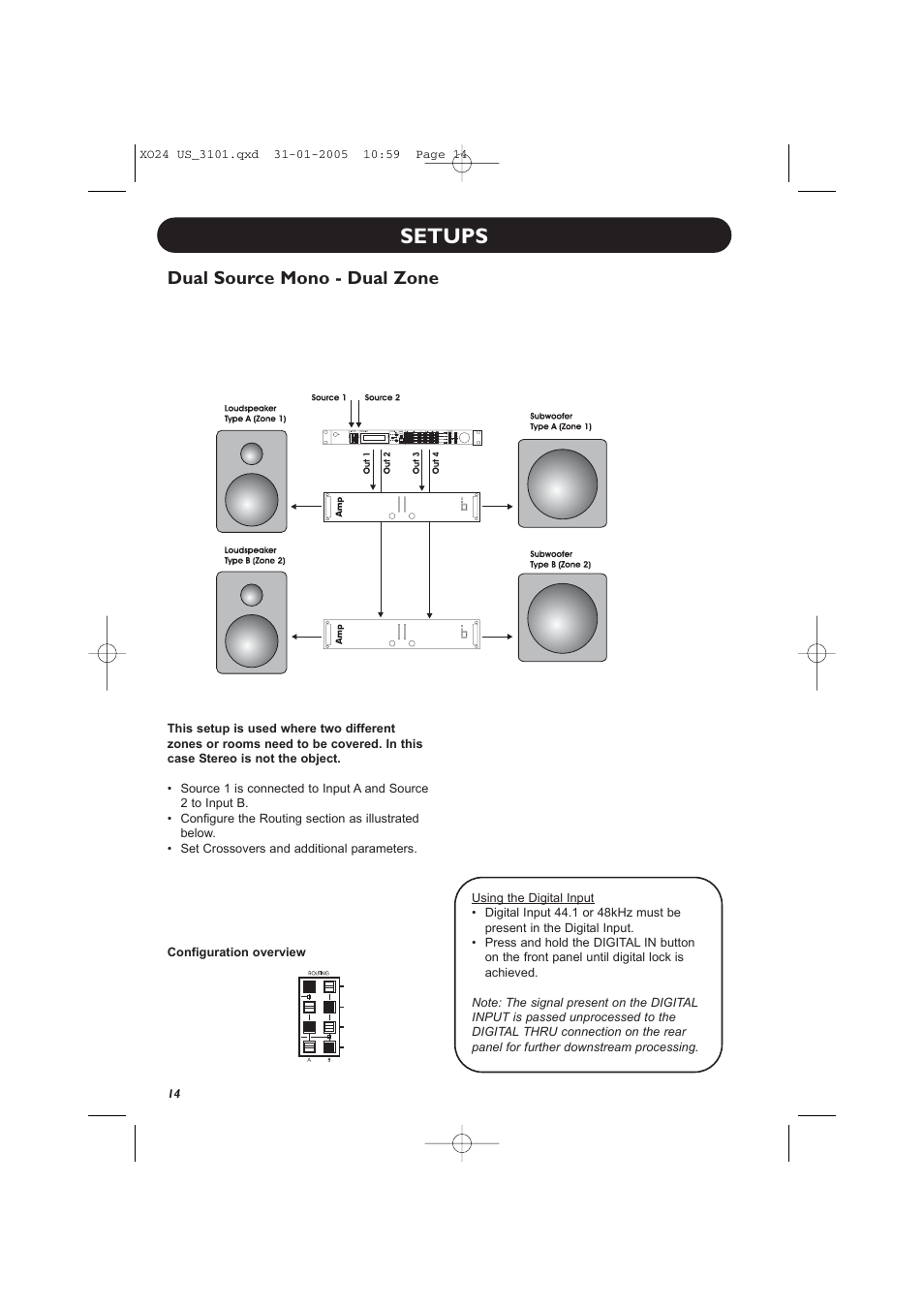 Setups, Dual source mono - dual zone | TC Electronic XO24 User Manual | Page 16 / 23