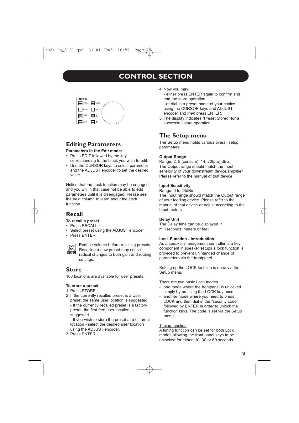 Editing parameters, Recall, Store | The setup menu | TC Electronic XO24 User Manual | Page 17 / 23