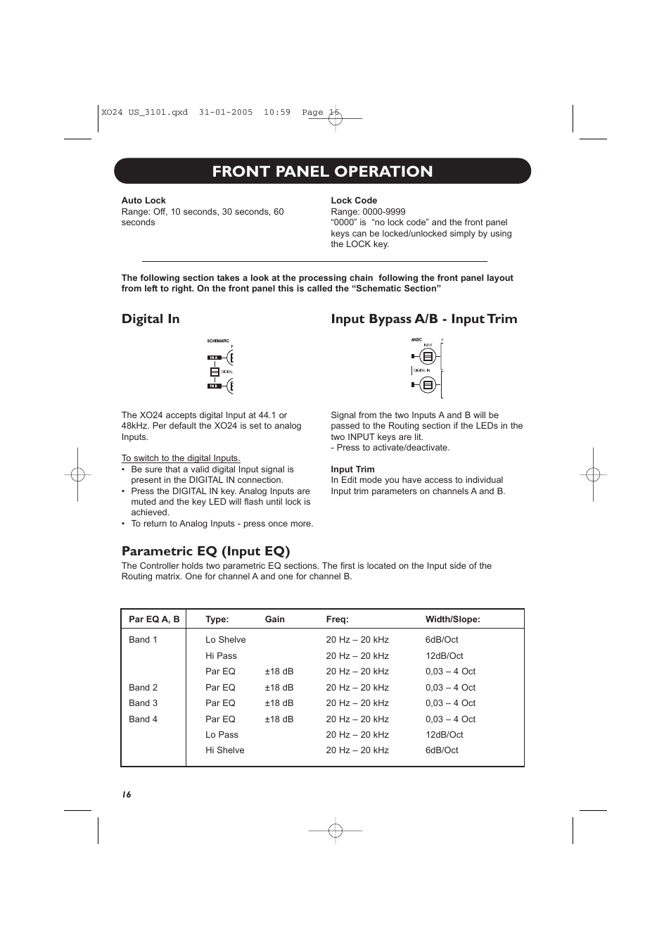 Front panel operation, Digital in, Input bypass a/b - input trim | Parametric eq (input eq) | TC Electronic XO24 User Manual | Page 18 / 23