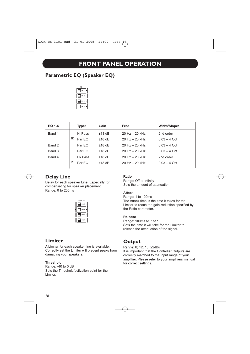 Front panel operation, Parametric eq (speaker eq) delay line, Limiter | Output | TC Electronic XO24 User Manual | Page 20 / 23