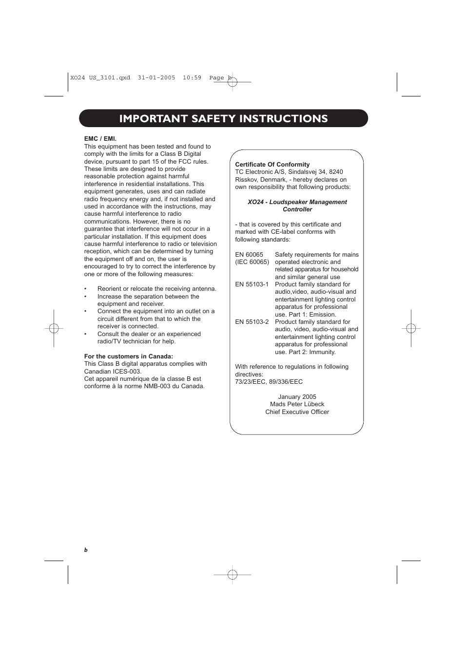 Important safety instructions | TC Electronic XO24 User Manual | Page 4 / 23