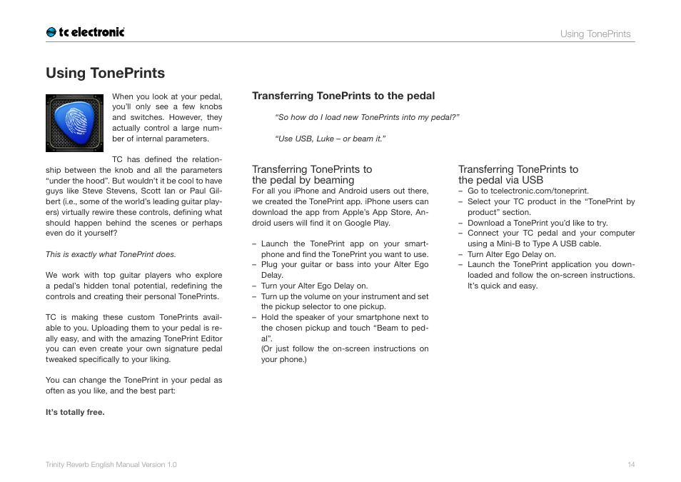 Using toneprints | TC Electronic Trinity Reverb User Manual | Page 16 / 20