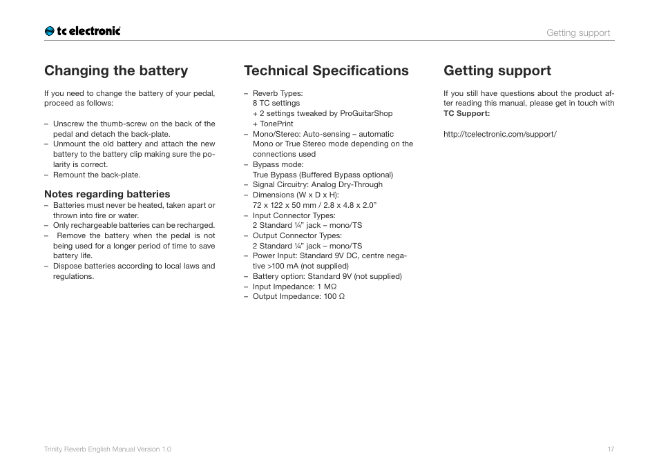 Changing the battery, Technical specifications, Getting support | TC Electronic Trinity Reverb User Manual | Page 19 / 20