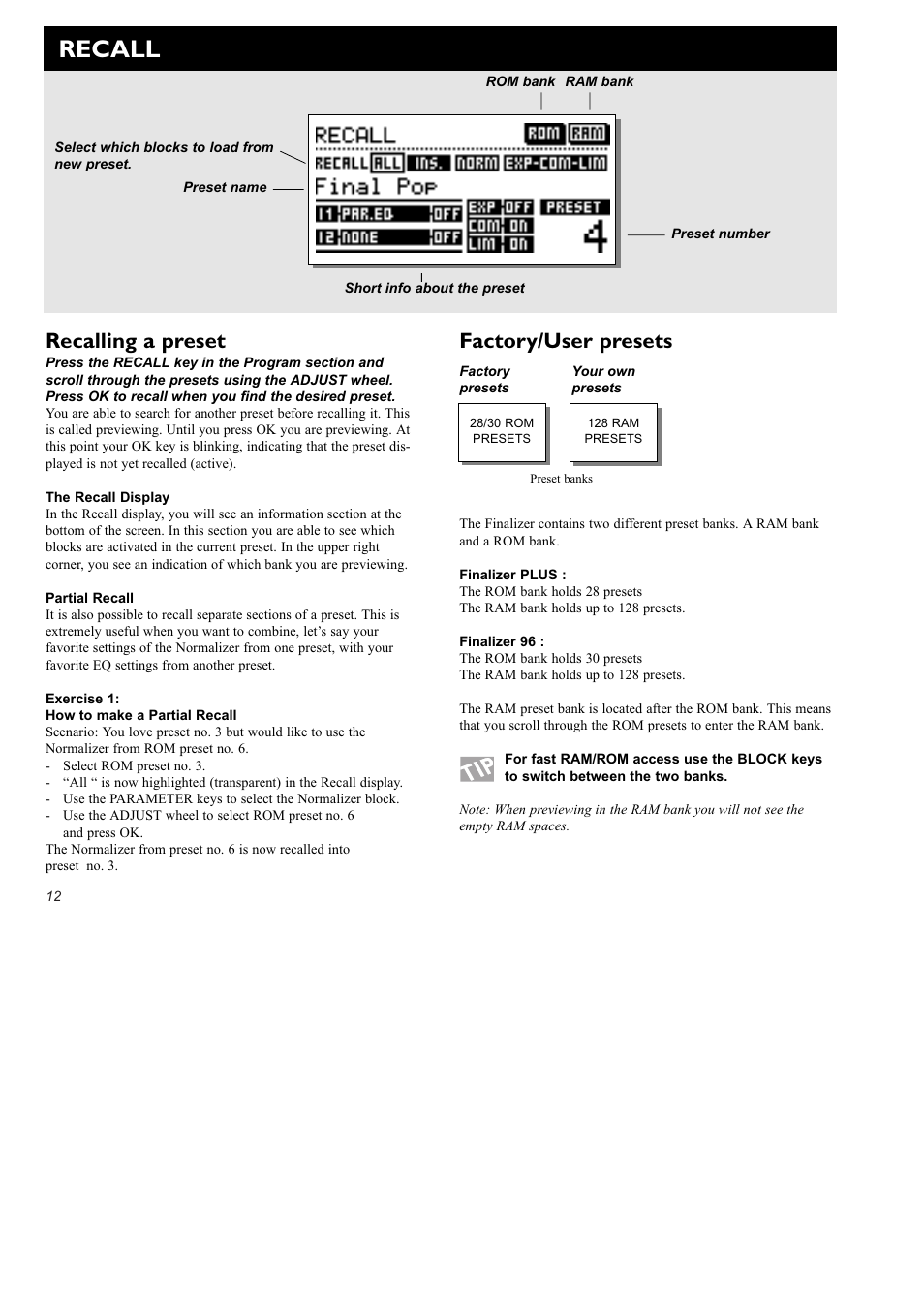 Recall, Factory/user presets, Recalling a preset | TC Electronic Finalizer 96k User Manual | Page 12 / 56