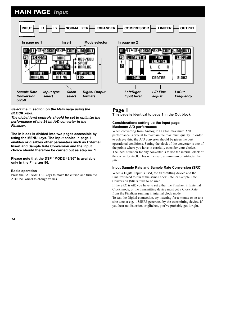 Main page input, Page 1 | TC Electronic Finalizer 96k User Manual | Page 14 / 56