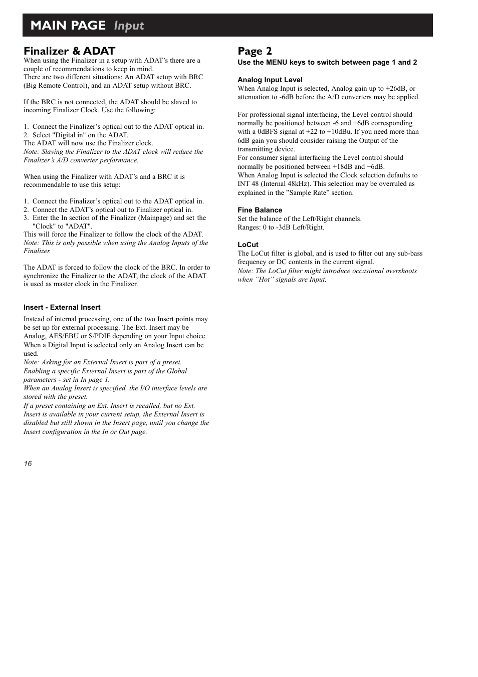 Main page input, Page 2, Finalizer & adat | TC Electronic Finalizer 96k User Manual | Page 16 / 56