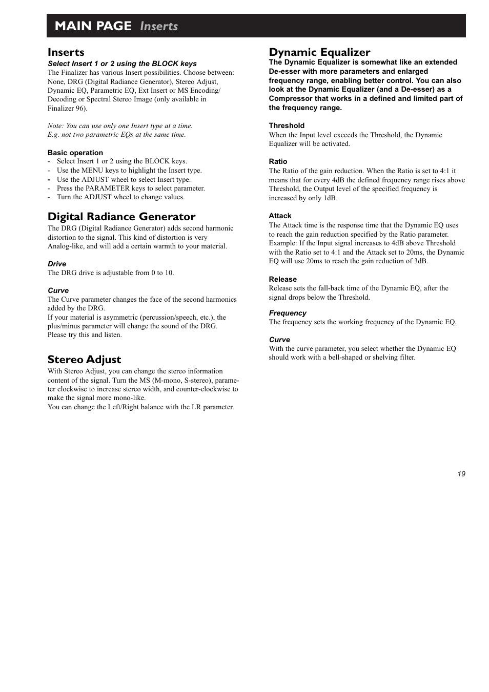 Main page inserts, Inserts, Digital radiance generator | Stereo adjust, Dynamic equalizer | TC Electronic Finalizer 96k User Manual | Page 19 / 56