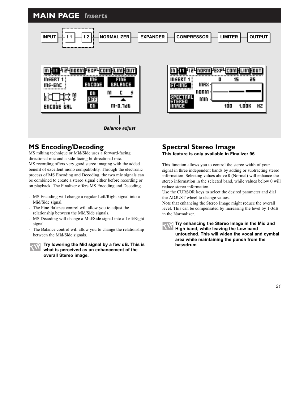 Main page inserts, Ms encoding/decoding, Spectral stereo image | TC Electronic Finalizer 96k User Manual | Page 21 / 56