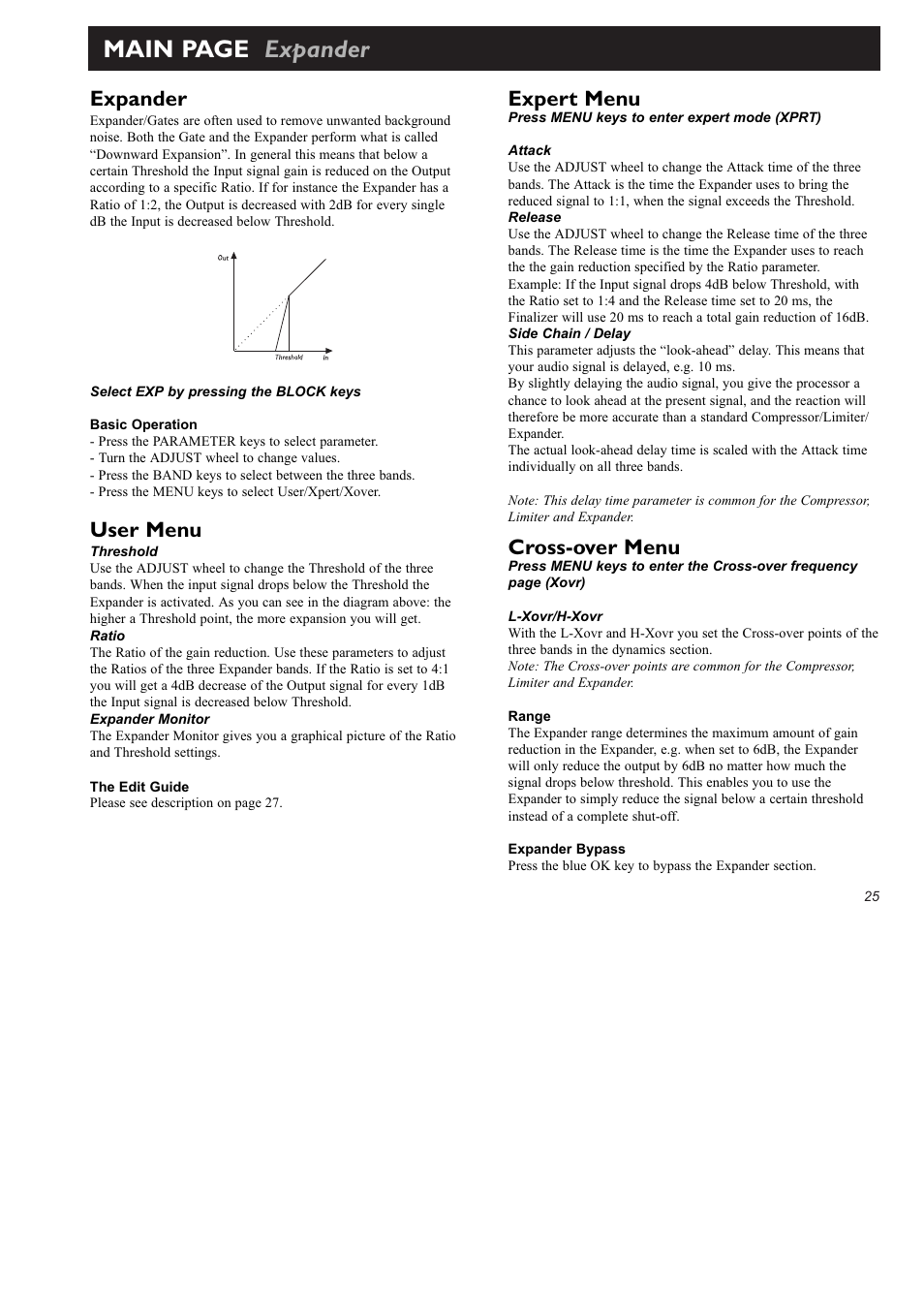 Main page expander, Expert menu, Cross-over menu | Expander, User menu | TC Electronic Finalizer 96k User Manual | Page 25 / 56