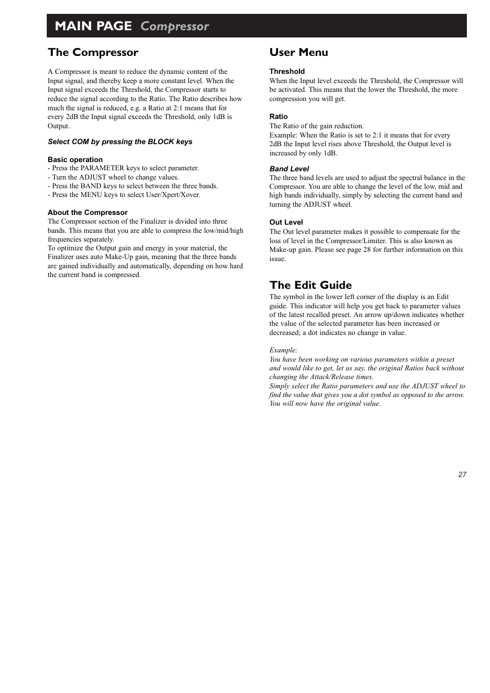 Main page compressor, The compressor, User menu | The edit guide | TC Electronic Finalizer 96k User Manual | Page 27 / 56