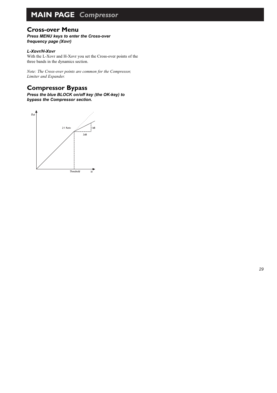 Main page compressor, Cross-over menu, Compressor bypass | TC Electronic Finalizer 96k User Manual | Page 29 / 56