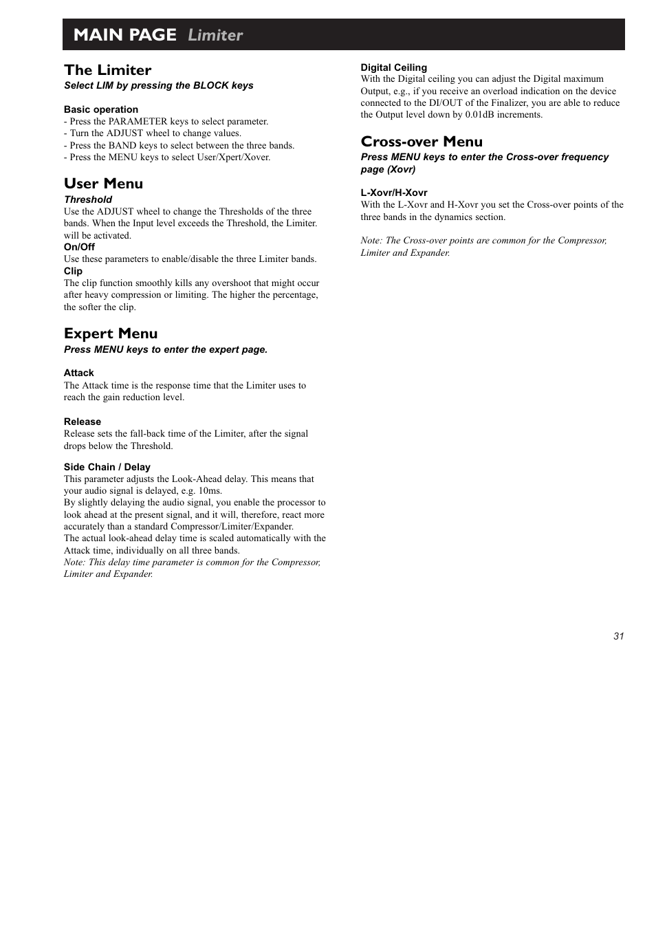 Main page limiter, The limiter, User menu | Expert menu, Cross-over menu | TC Electronic Finalizer 96k User Manual | Page 31 / 56