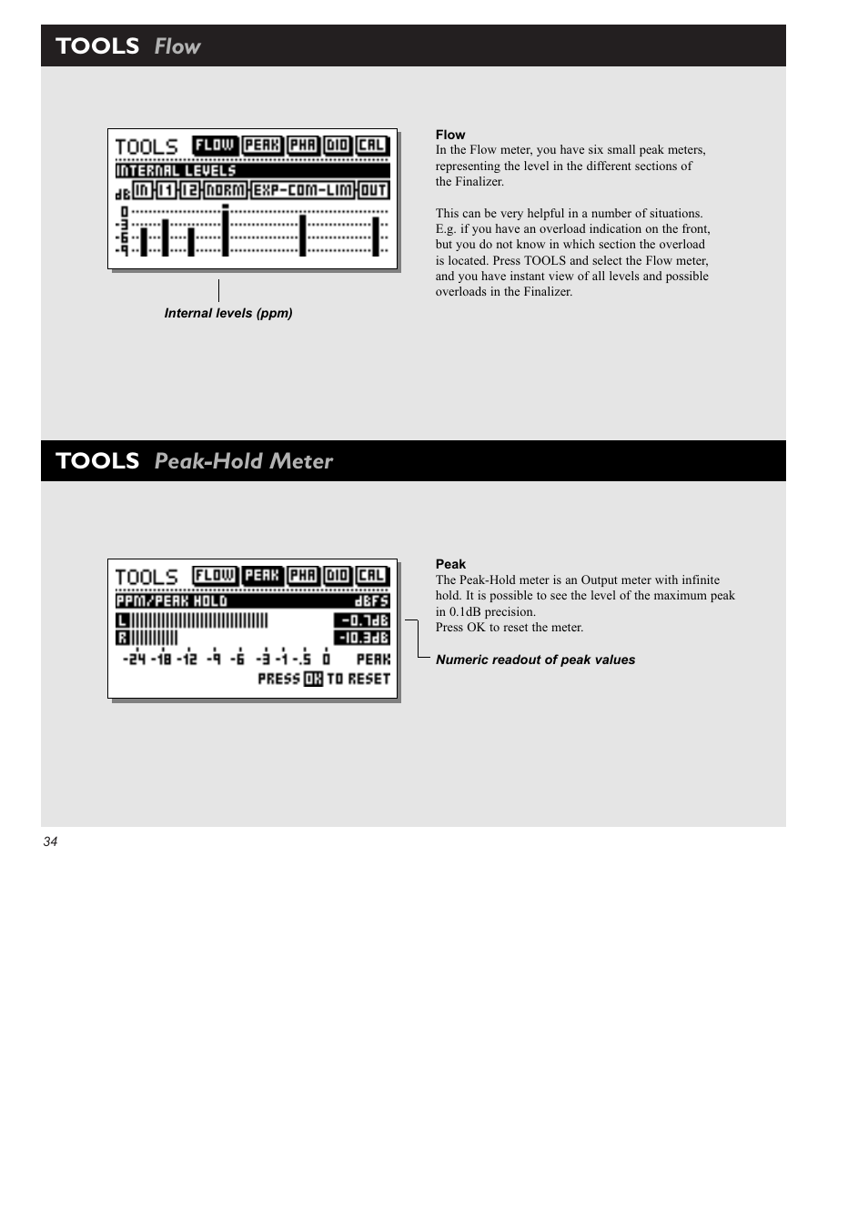 Tools flow, Tools peak-hold meter | TC Electronic Finalizer 96k User Manual | Page 34 / 56