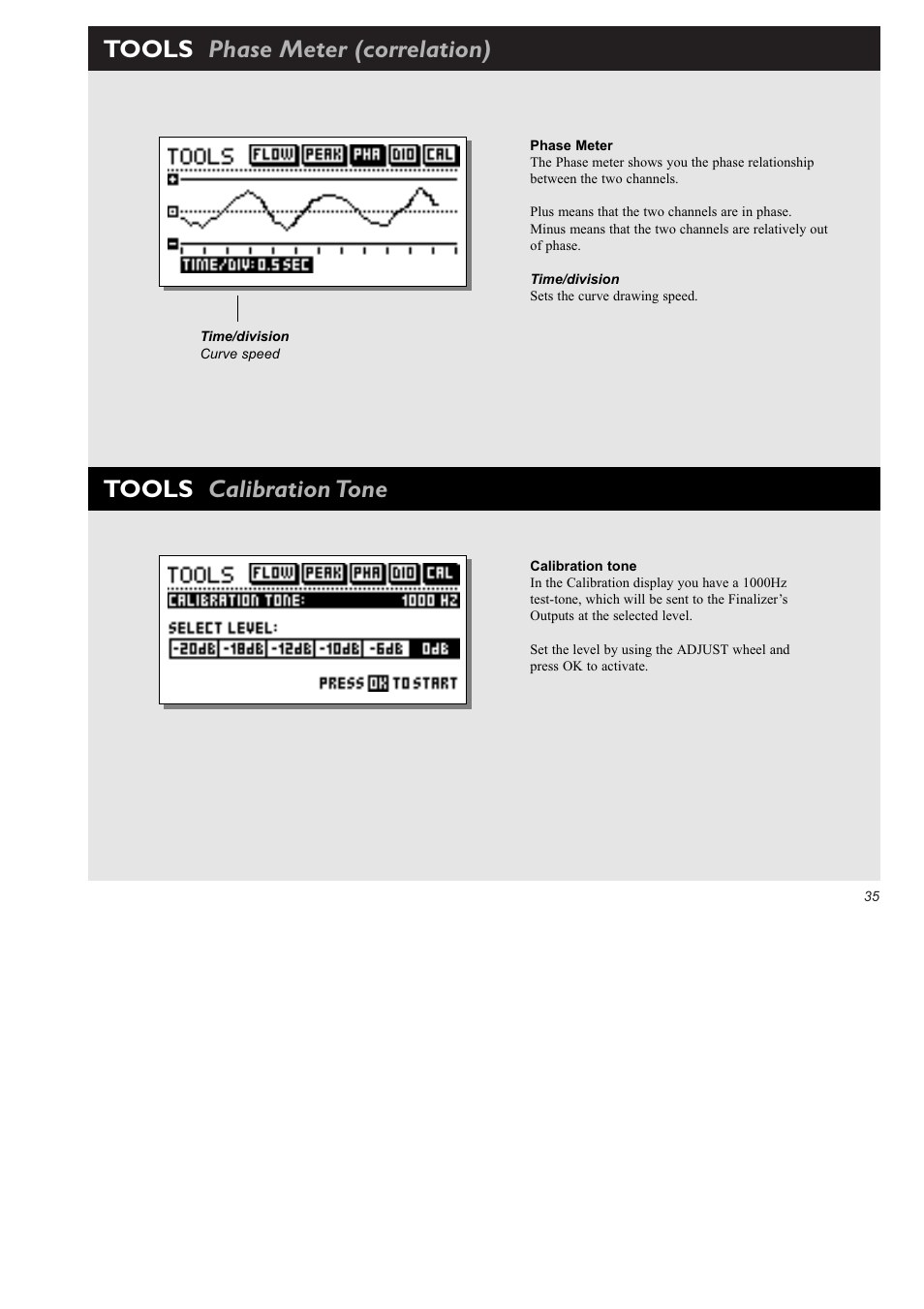 Tools phase meter (correlation), Tools calibration tone | TC Electronic Finalizer 96k User Manual | Page 35 / 56