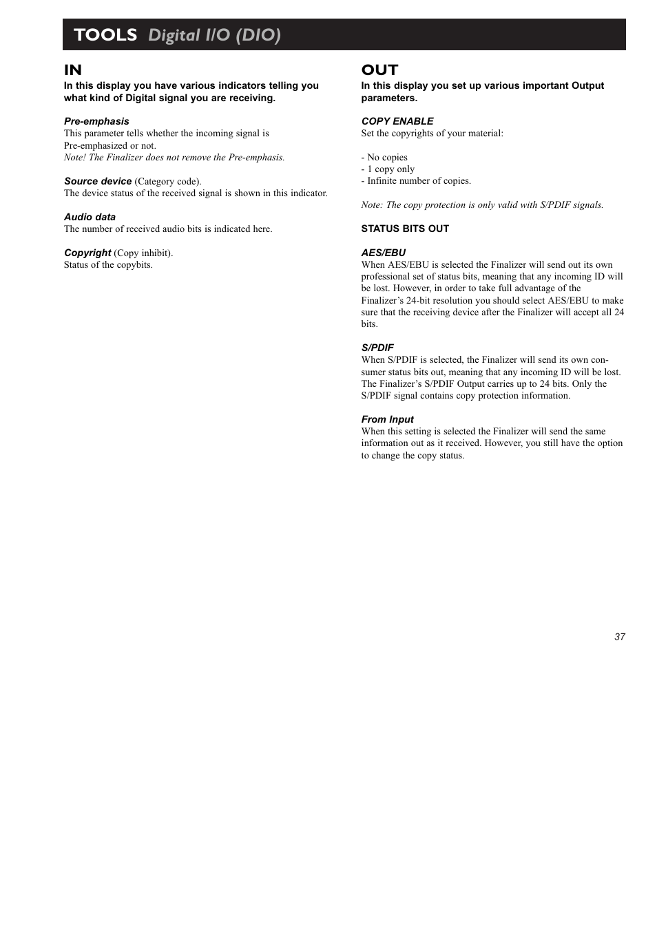 Tools digital i/o (dio) | TC Electronic Finalizer 96k User Manual | Page 37 / 56