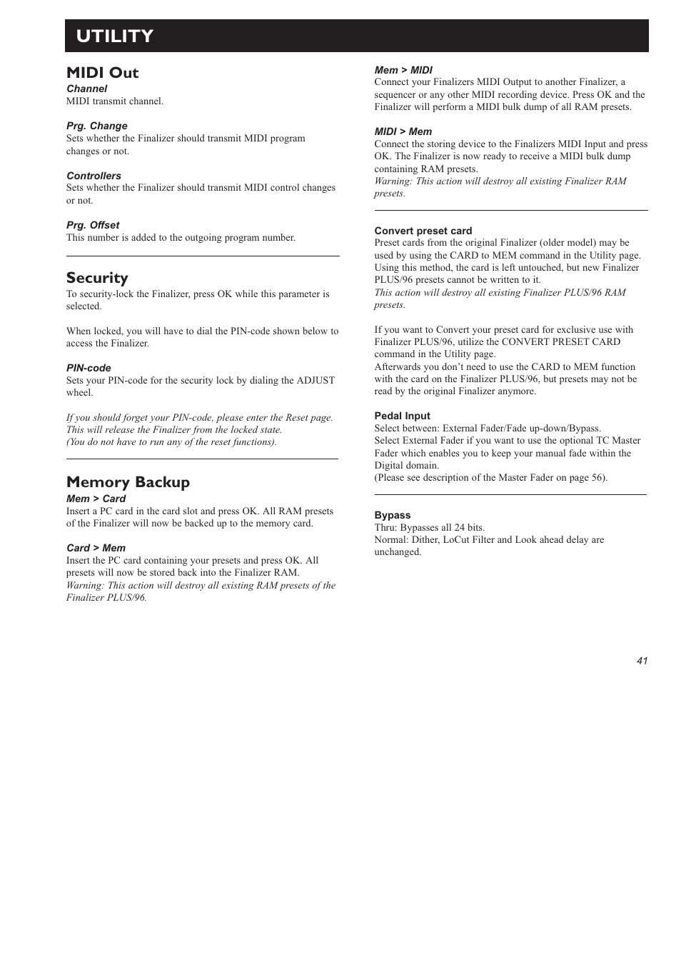 Utility, Midi out, Security | TC Electronic Finalizer 96k User Manual | Page 41 / 56